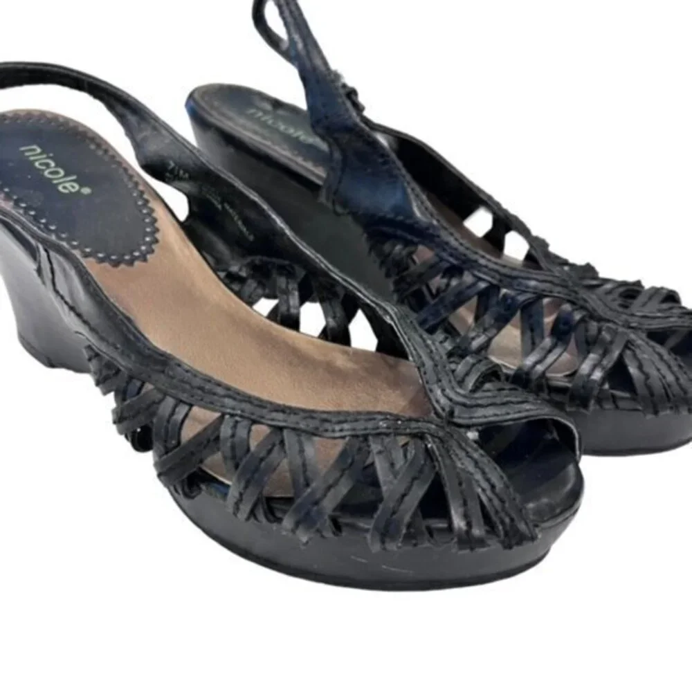 Nicole Black Woven Leather Slingback Wedge Sandals